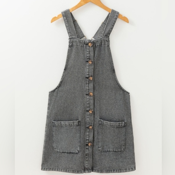 Retro Denim Overall Mini Dress Patch Pocket Sleeveless Jean Button-Up Romper - Picture 5 of 16